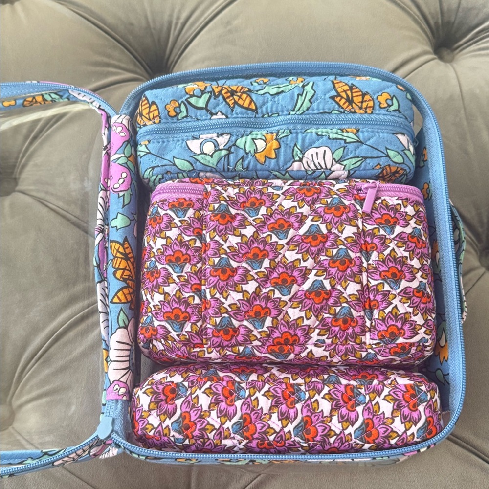 Vera Bradley Blue and Pink Floral Cosmetic Bag Set